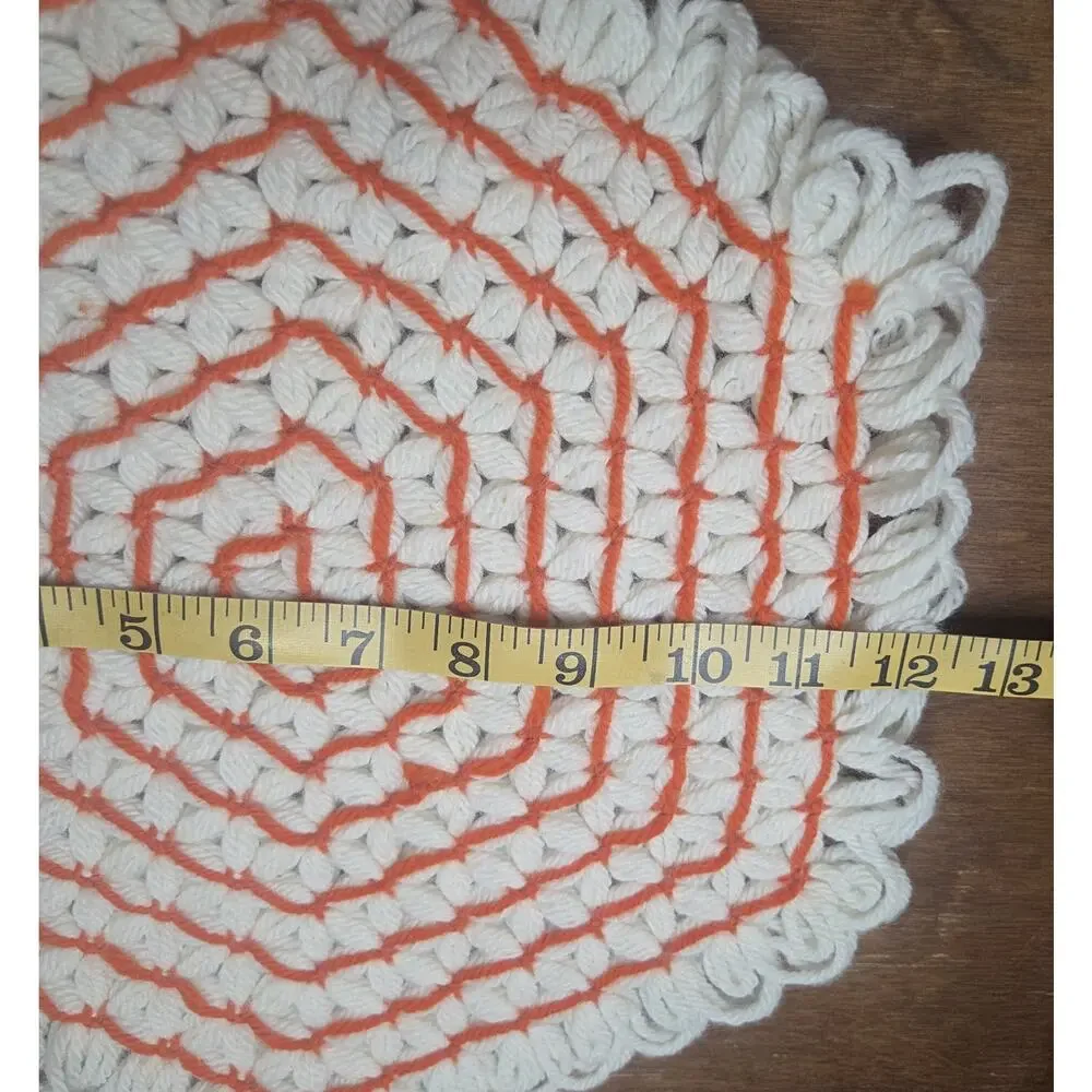 Loom yarn Hot Pad, Trivet - Orange White hexagon 12 Inches Cottagecore Retro